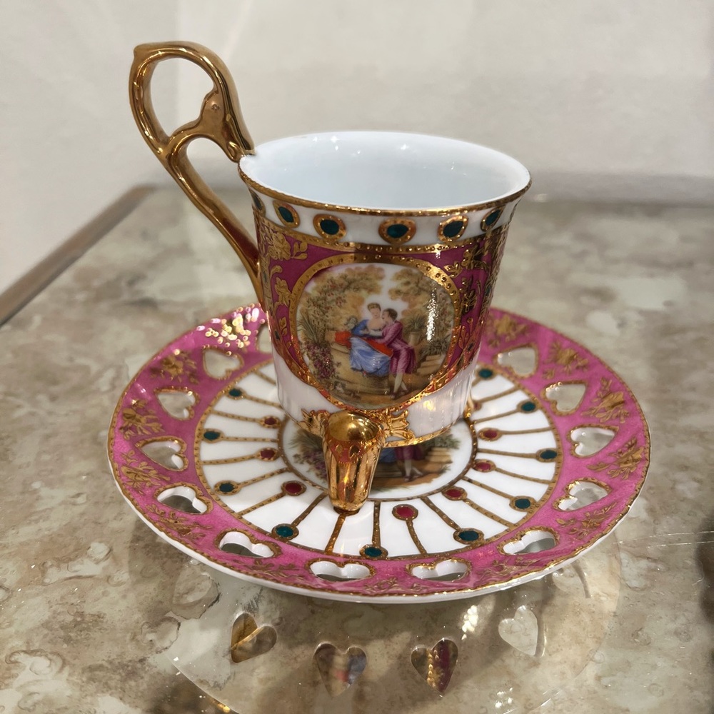 Antique KPM Bone China Teacup and Saucer 22k Gold Plated Trim